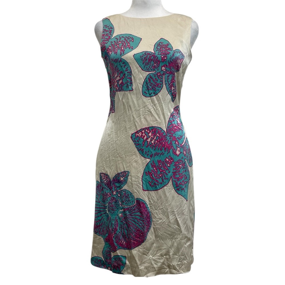 Halston Heritage Silk Cream Tropical Flower Floral Sleeveless Ruffle Dress